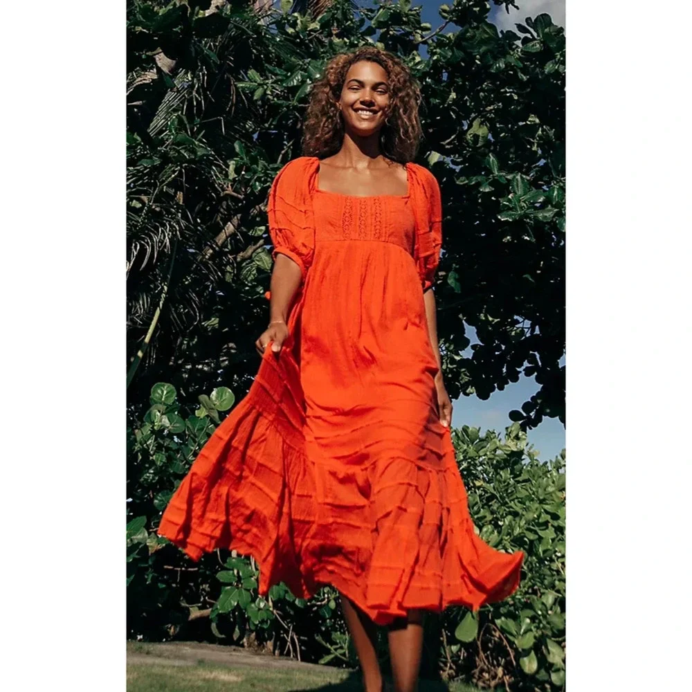 Free People Let's Be Friends Midi Dress Rome Red Boho Western Peasant Beach M - Picture 7 of 16